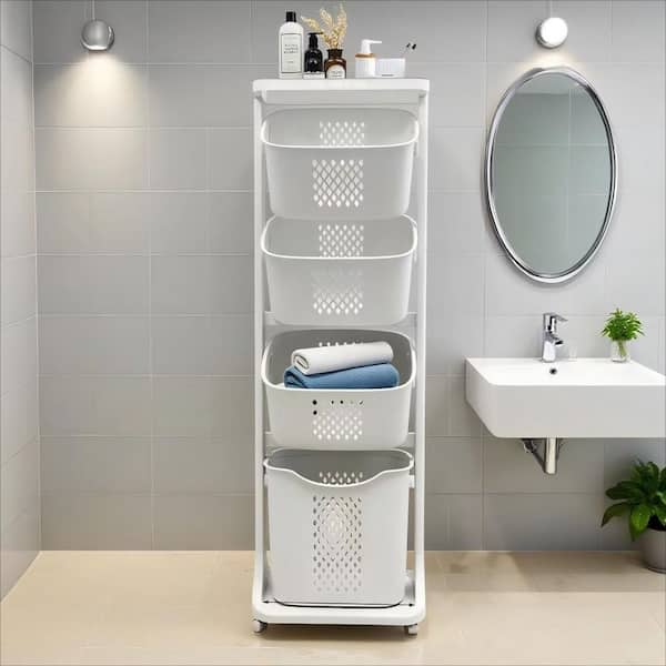 White Plastic 4 Bags 5-Tier Laundry Sorter Hamper, Laundry Storage Organizer w/Wheels Removable Rolling Laundry Basket