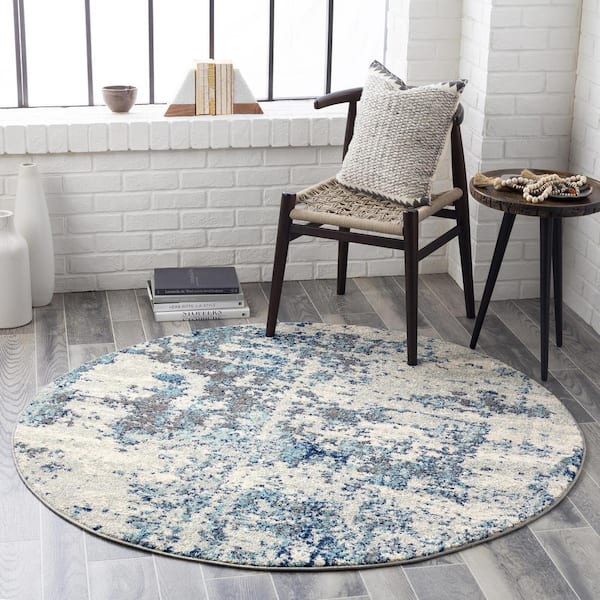 Yamikani Aqua 5 ft. 3 in. Round Distressed Abstract Area Rug