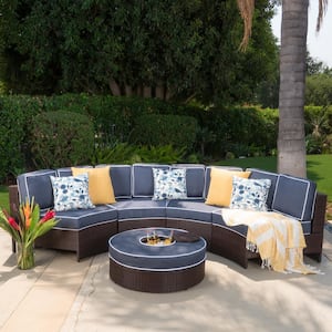 Madras Saint Luca Brown 5-Piece Faux Rattan Patio Sectional Seating Set with Navy Blue Cushions