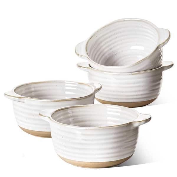 20 oz. Ceramic Soup Bowls with Handle for Chili, Beef Stew, 5.5 in. French Onion Soup Crock Set, Arctic White (Set of 4)