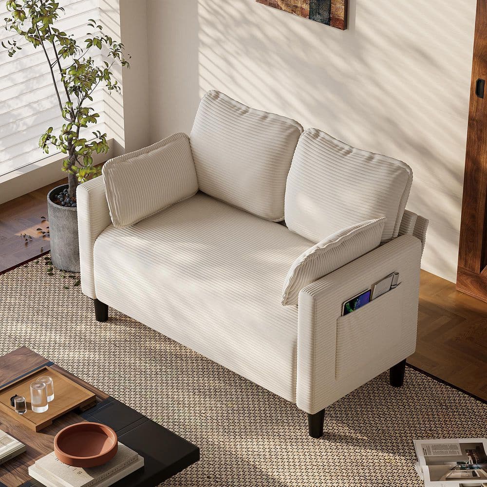 Zorlin Modern 48.03 in. Beige Corduroy Upholstered 2-Seater Sofa Loveseat with Pillows and Side Pocket price history on PriceWatchPro