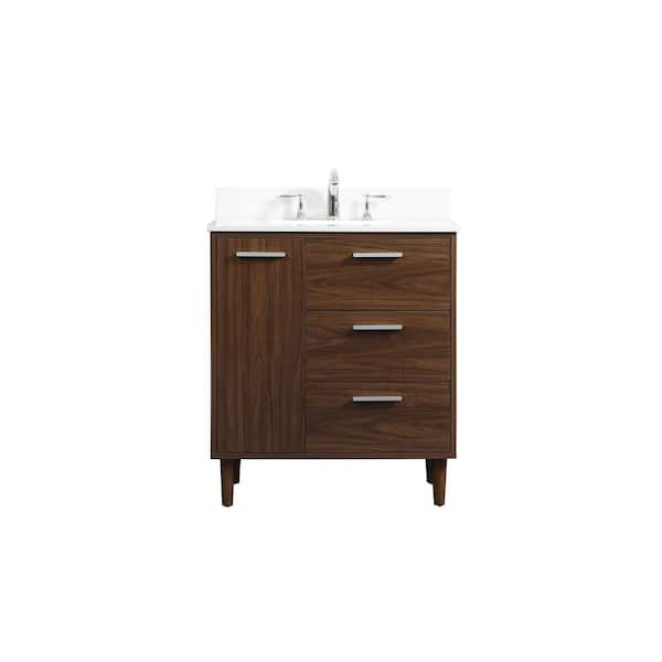 Unbranded Simply Living 30 in. W x 19 in. D x 34 in. H Bath Vanity in Walnut with Ivory White Engineered Marble Top