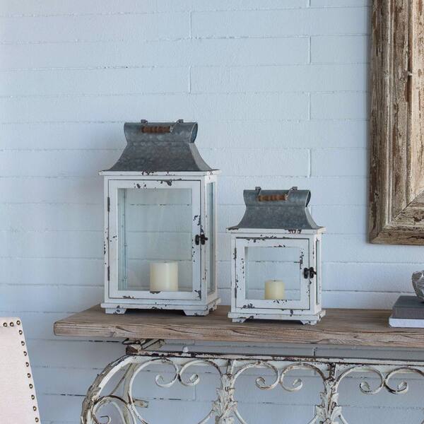 White Decorative Wood Hurricane Candle Lantern Holder for Indoor