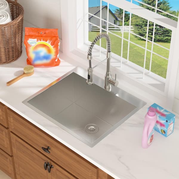 25in Stainless Steel Utility Sink 16 Gauge Deep Single Bowl No Additional Accessories