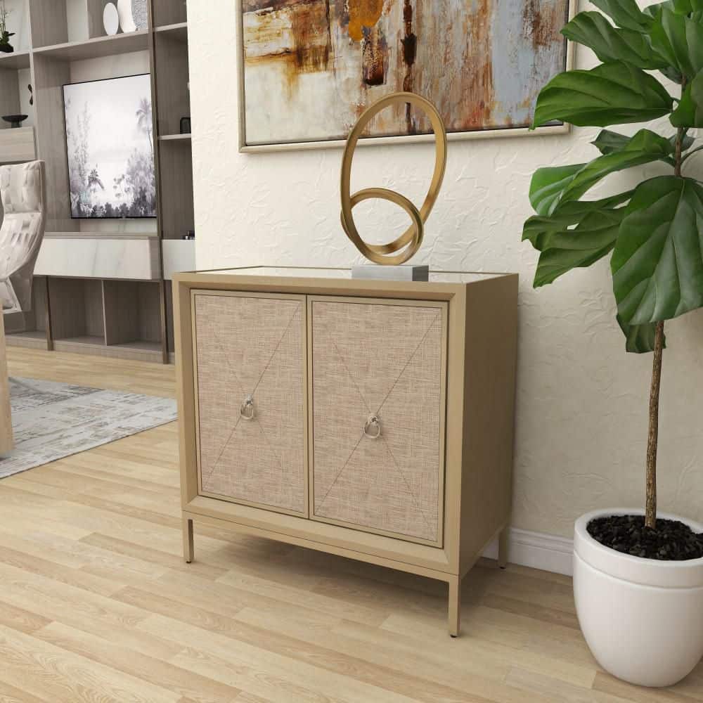 Beige Mirrored Fir Wood Upholstered Accent Cabinet