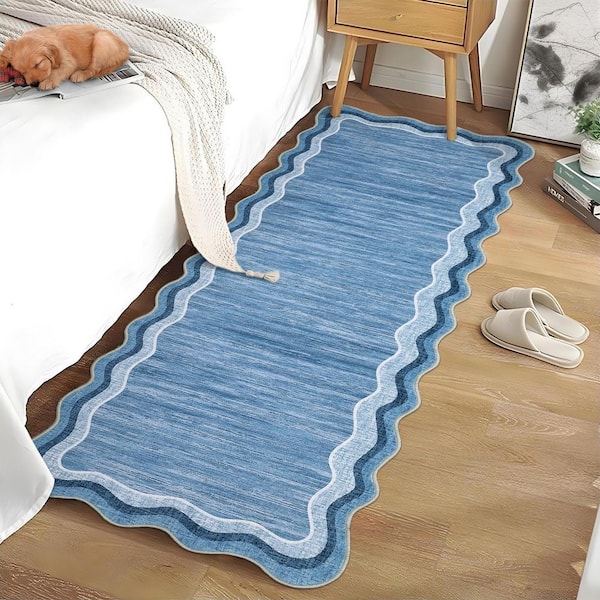 Washable Carpet Blue 2 ft. x 6 ft. Soft Non-slip Thin Area Rug Irregular Solid Color Decorative Carpet