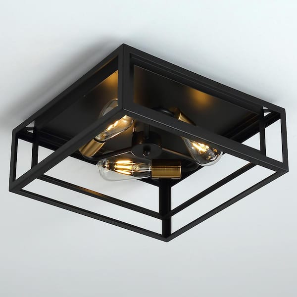 aiwen 15.4 in. 3-Light Black Farmhouse Caged Square Flush Mount