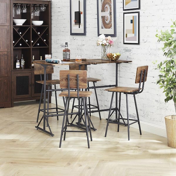 VECELO 3 Piece Bar Table Set, Wood Rectangle Counter Height Dinette with 2 Bistro Stools for Kitchen Breakfast Nook, Brown