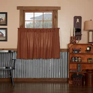 Primitive Check 36 in. x 36 in. L Scalloped Light Filtering Tier Window Panel in Burgundy Dark Tan Pair