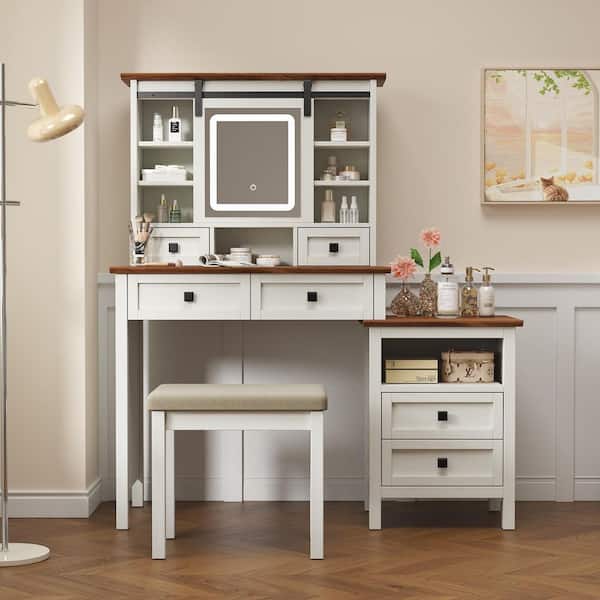 Boyel Living 2-Piece White Makeup Vanity Set with Adjustable LED Lighted Mirror and Charging Station
