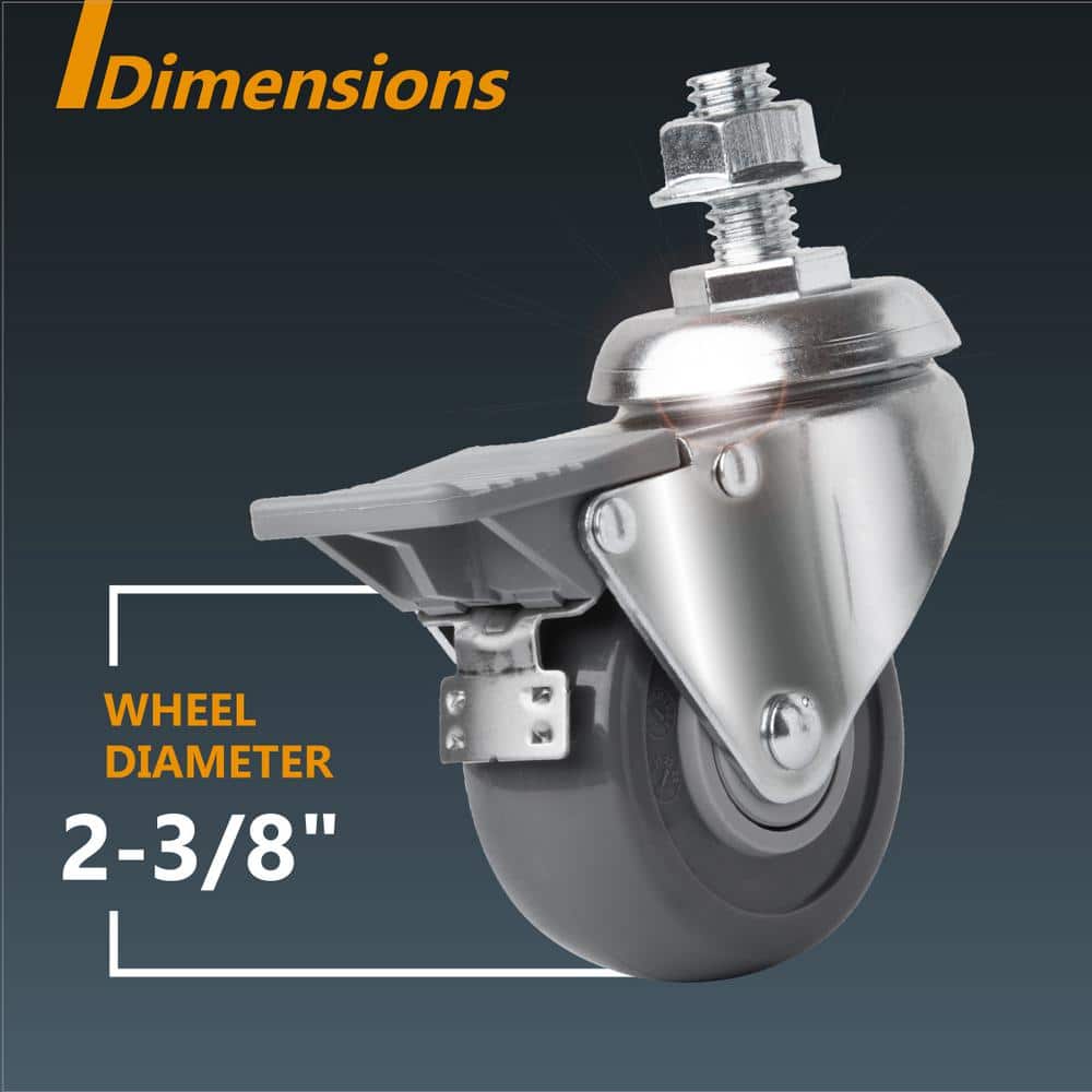Silver Heavy Duty Swivel Stem Caster Wheels with Brake, 2-3/8 Inch
