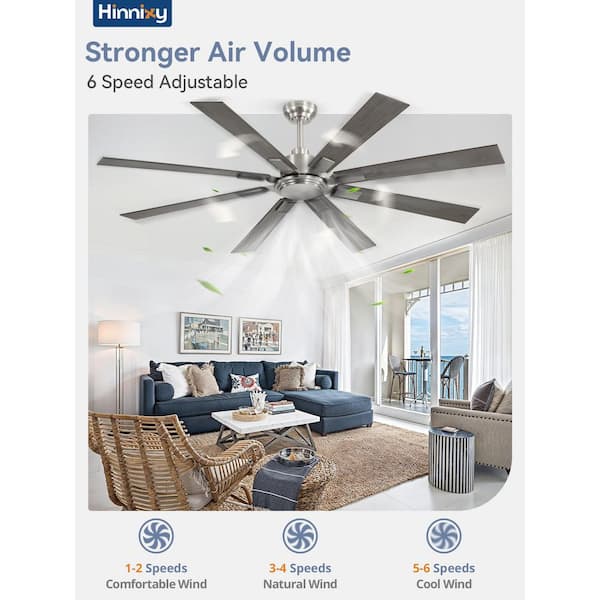 65 in. Large Modern Wood Grain Indoor/Covered Outdoor Nickel Downrod Mount 6-Speed Ceiling Fan No Light with Remote