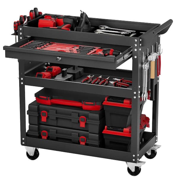 4-Tier Tool Cart with Wheels, 13.78 in. W 1 Drawer 3 Shelf Black Steel Tool Cart with Locking System