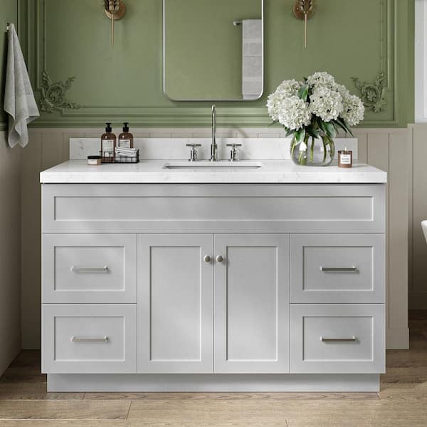 Hamlet 54 in. W x 22 in. D x 36 in. H Single Sink Freestanding Bath Vanity in Grey with Carrara White Quartz Top