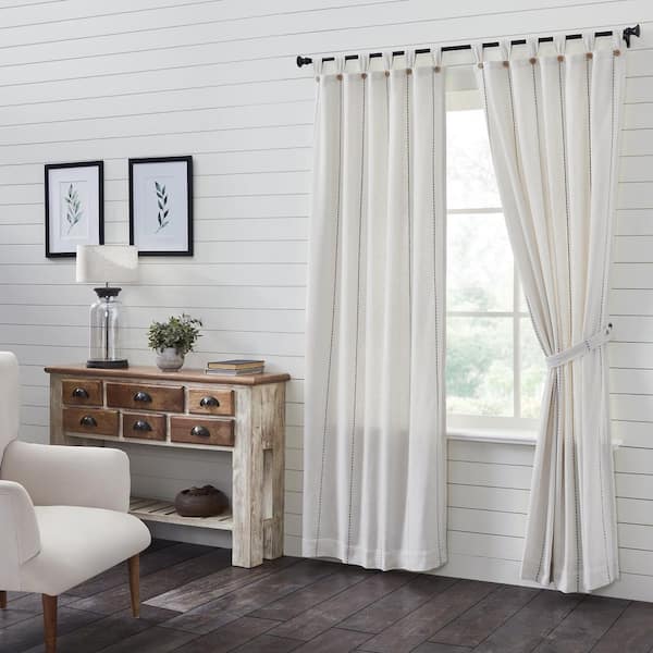 VHC BRANDS Stitched Burlap 40 in W x 84 in L Light Filtering Tab Top Window Panel Soft White Dove Grey Pair