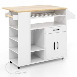 White and Natural Wood Kitchen Cart with Power Outlet Wine Rack Glass Holder Drawer