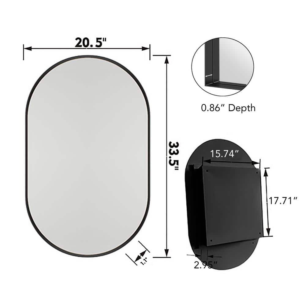 20x34 Inch Oval Matte Black Metal Recessed Medicine Cabinet with Mirror