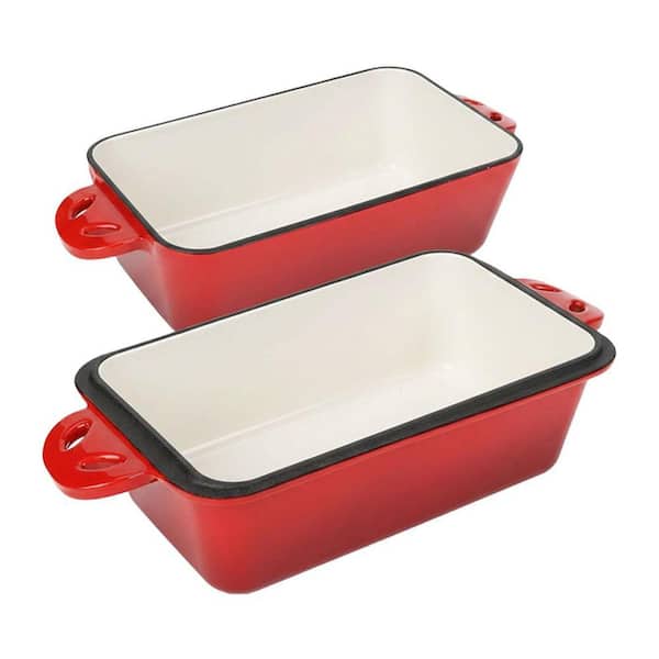2 qt. Enameled Cast Iron Loaf Pan with Lid 2-in-1 Versatile Dutch Oven Shape in Red for Bread Baking with Lid