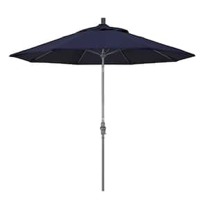 9 ft. Hammertone Grey Aluminum Market Patio Umbrella with Collar Tilt Crank Lift in Navy Sunbrella