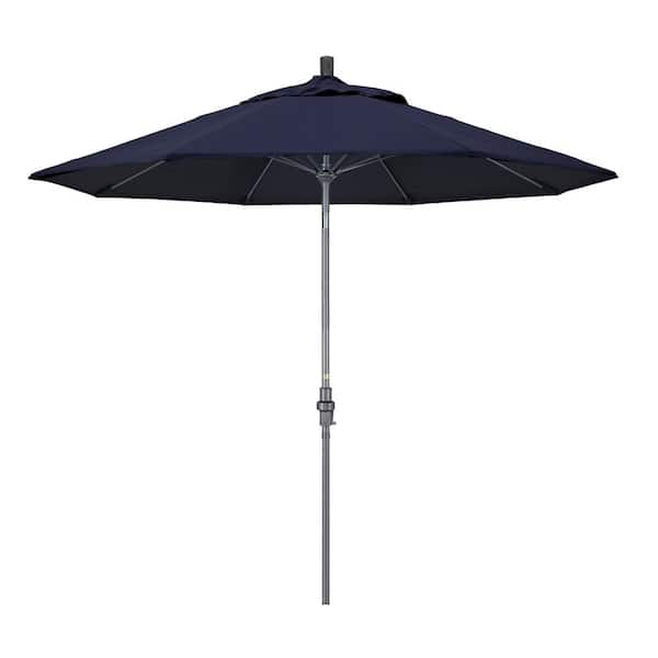 California Umbrella 9 ft. Hammertone Grey Aluminum Market Patio Umbrella with Collar Tilt Crank Lift in Navy Sunbrella