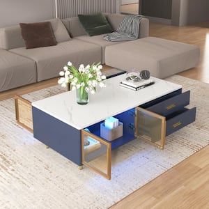 47.2 in. Navy Blue Rectangle MDF Coffee Table with Multi-Color Lights, 4 Drawers, 2 Glass Doors, Gold Metal Legs