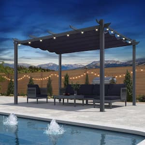 10 ft. x 13 ft. Dark Gray Aluminum Frame Pergola with Blue Retractable Sun Shade Canopy Extra Roof and String Lights