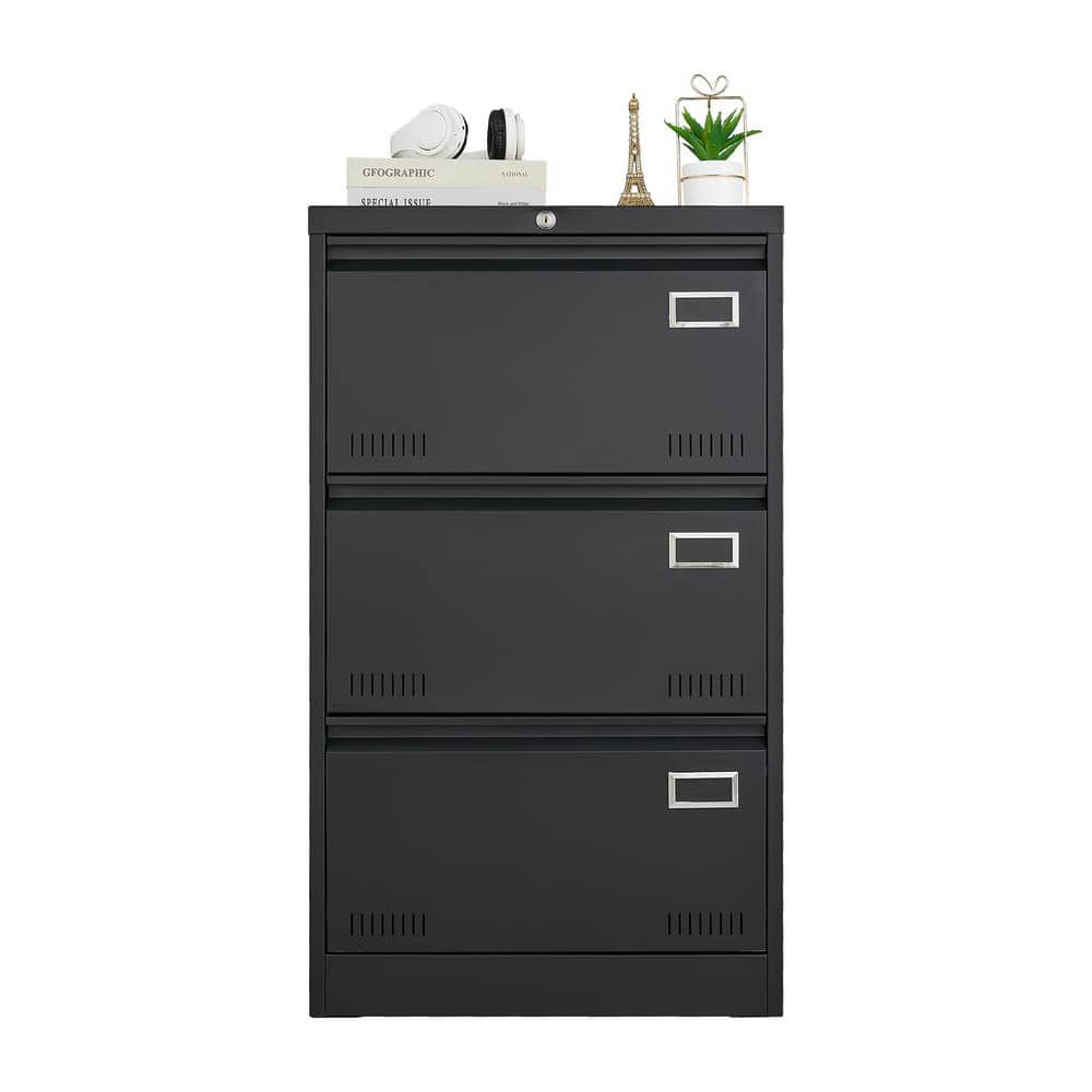 Black 3-Drawer Lockable Metal Lateral File Cabinet