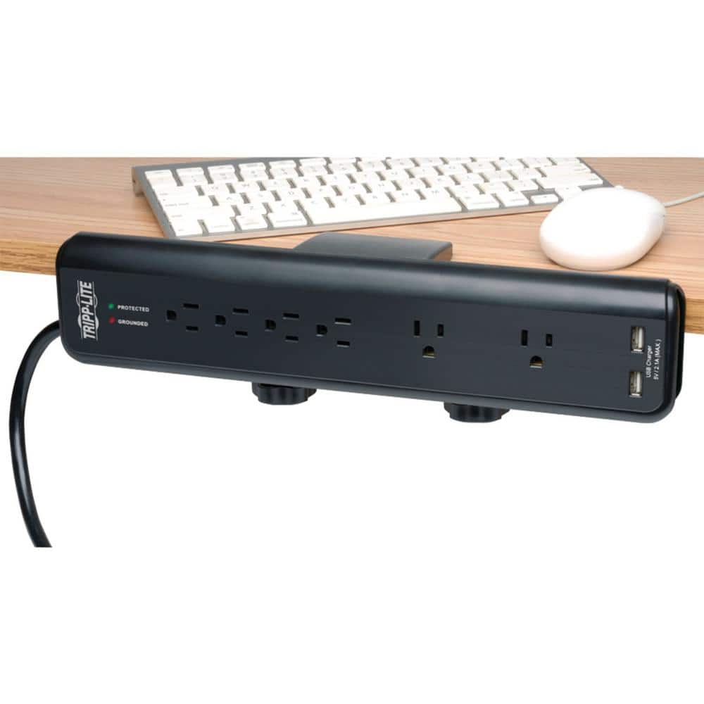 Black 6-Outlet Surge Protector with USB Ports and Clamps