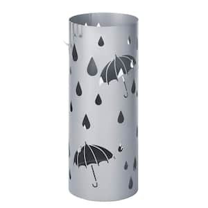 Grey Umbrella Stand, Metal Umbrella Holder with Water Tray and 4 Hooks for Entryway