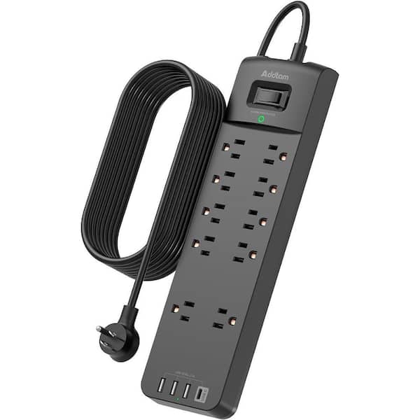 Etokfoks 10-Outlet Power Strip Surge Protection with 12 ft. Long Extension Cord, Black
