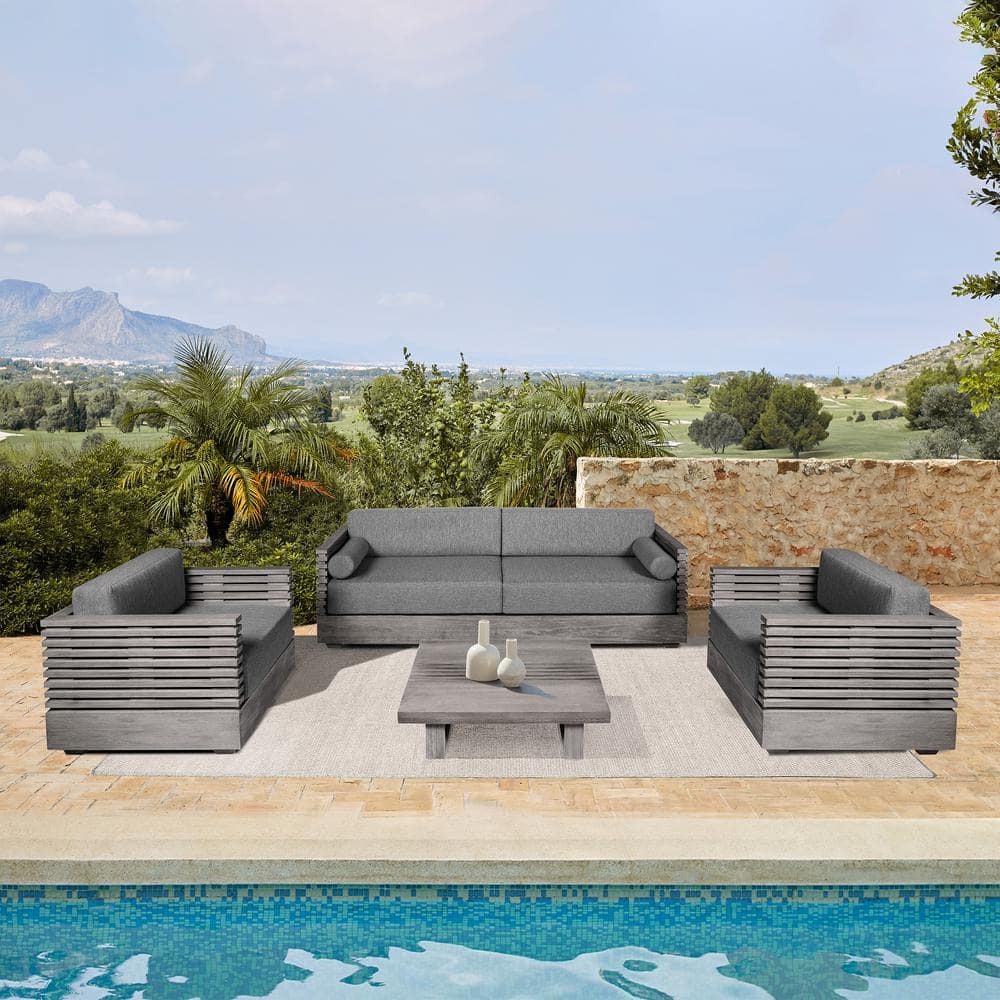 Vivid Light Gray 4-Piece Eucalyptus Wood Patio Conversation Set with Light 