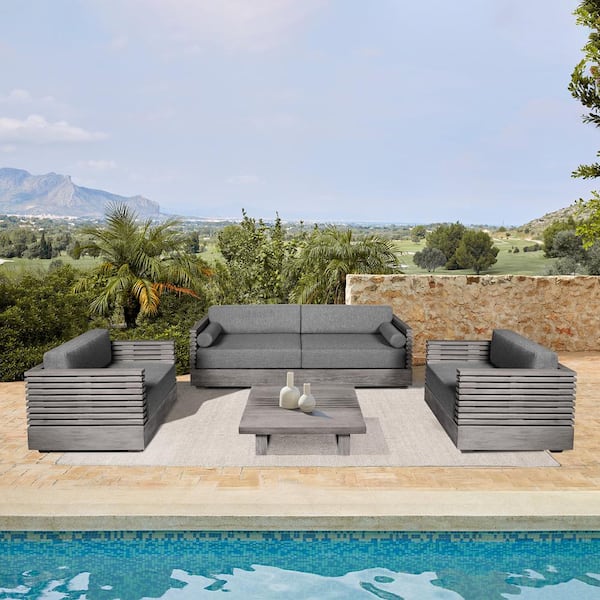 Vivid Light Gray 4-Piece Eucalyptus Wood Patio Conversation Set with Light Gray Cushions