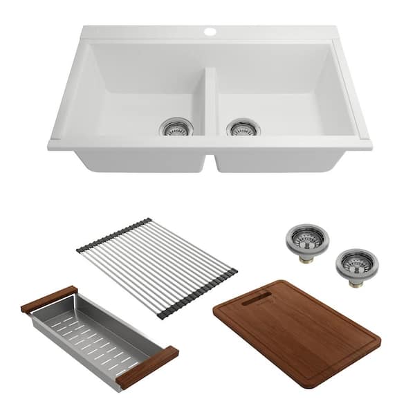 BOCCHI Baveno Lux 33 in. Undermount Double Bowl Milk White Granite Composite Kitchen Sink w/Integrated Workstation and Acc.