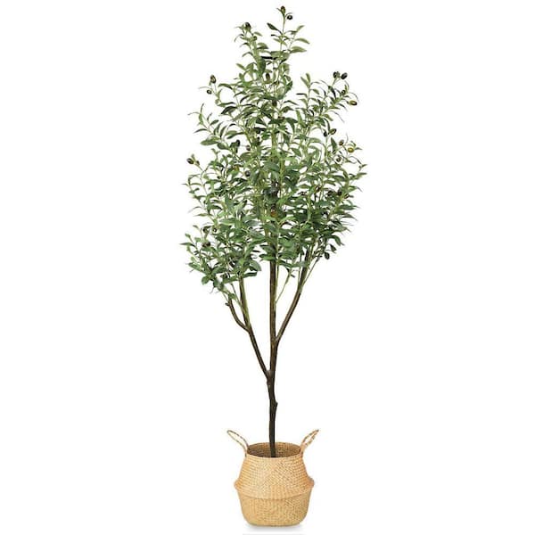 69 in. Artificial Olive Plants Tree with Vivid Trunks in a Woven Seagrass Basket and Black Pot, Realistic Olive Leaves