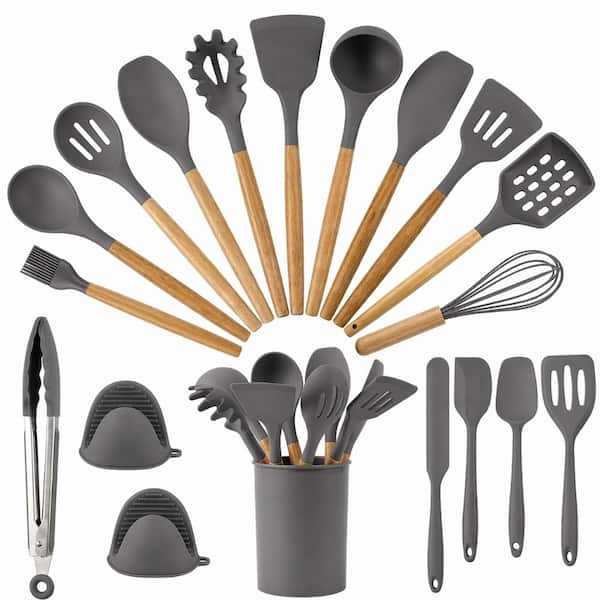 18-Piece Grey Silicone Kitchen Utensil Set with Wooden Handle and Holder, BPA-Free Heat-Resistant Cooking Tools