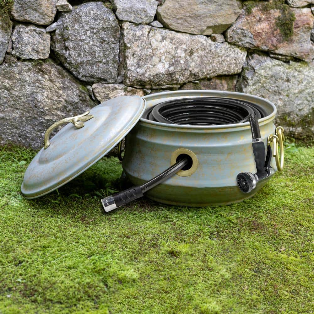 Verdigris Brass Finish 19" Garden Hose Holder Pot