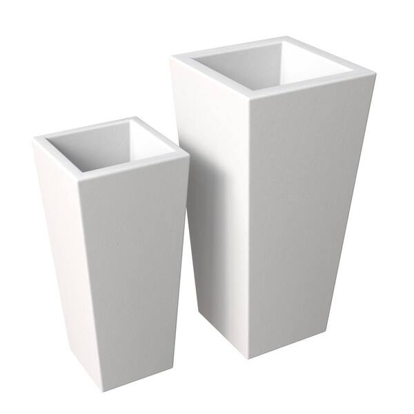 Leisuremod Orna 2-Piece Modern Fiberstone Weather-Resistant Square Planter Pot with Drainage Holes for Home and Garden in White