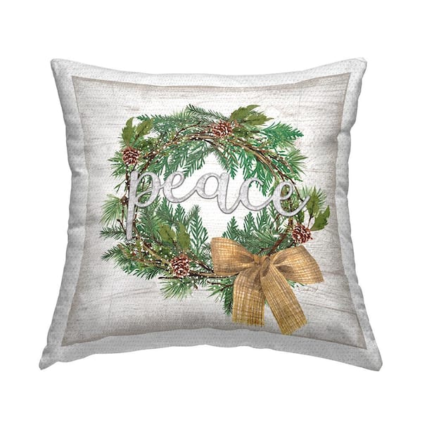 Holiday Botanical Wreath Bow Peace Typography Green Square Outdoor Throw Pillow