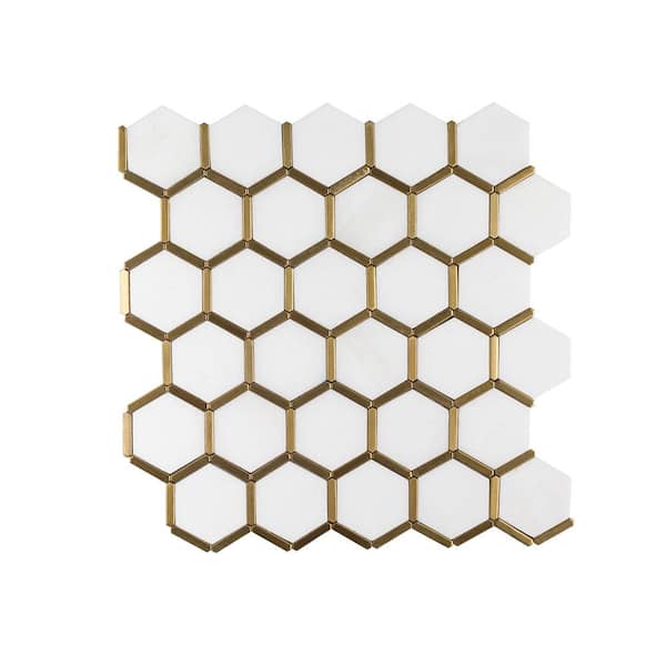 Karats White 10.625 in. x 11.125 in. Hexagon Polished Marble/Gold Metal Floor and Wall Mosaic Tile (8.21 sq. ft./Case)