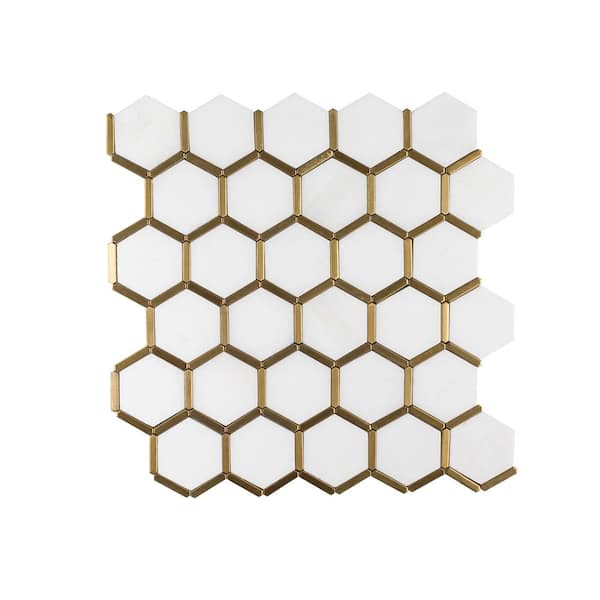 Jeffrey Court Karats White 10.625 in. x 11.125 in. Hexagon Polished Marble/Gold Metal Floor and Wall Mosaic Tile (8.21 sq. ft./Case)