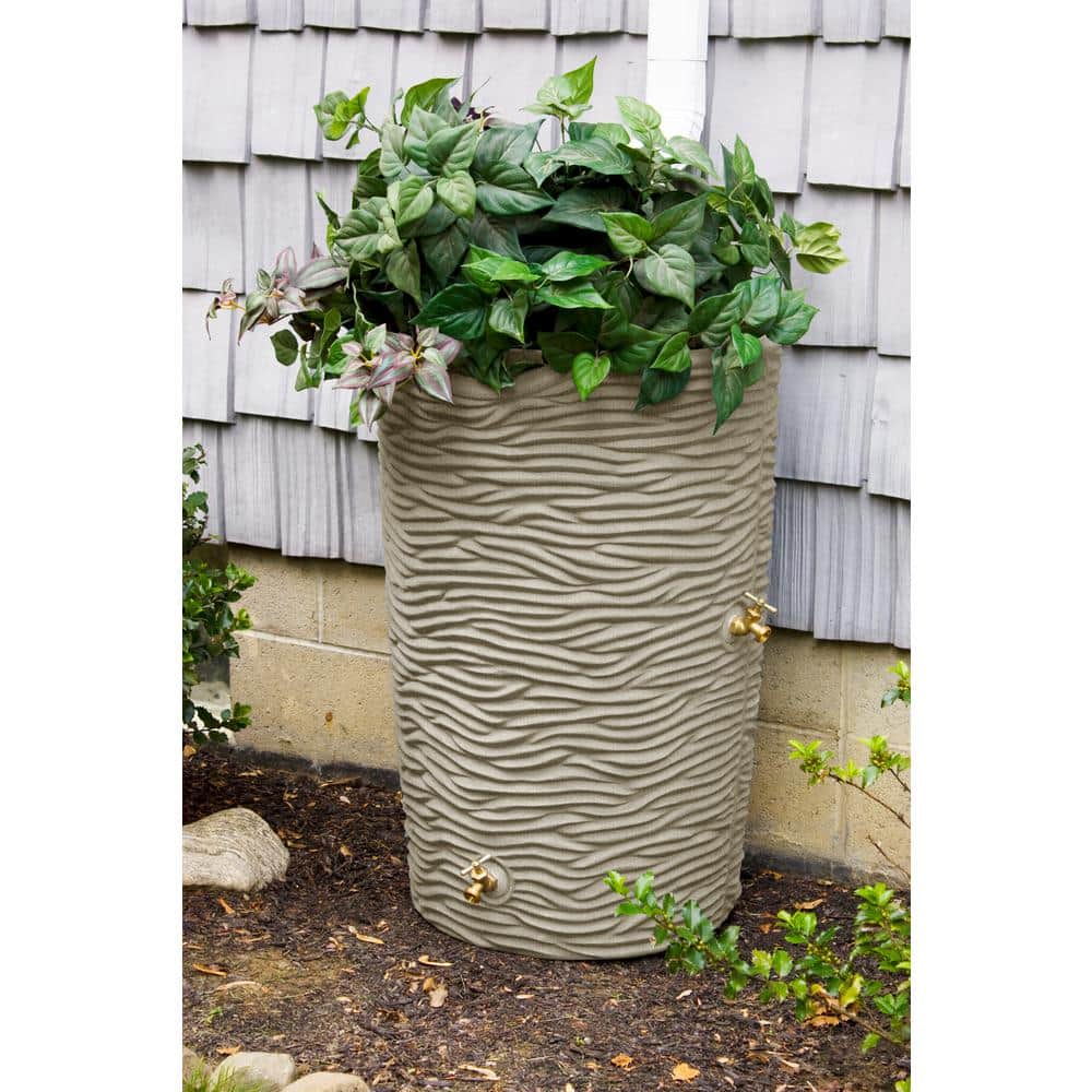 Sandstone 50-Gallon Palm Texture Rain Barrel with Brass Spigots