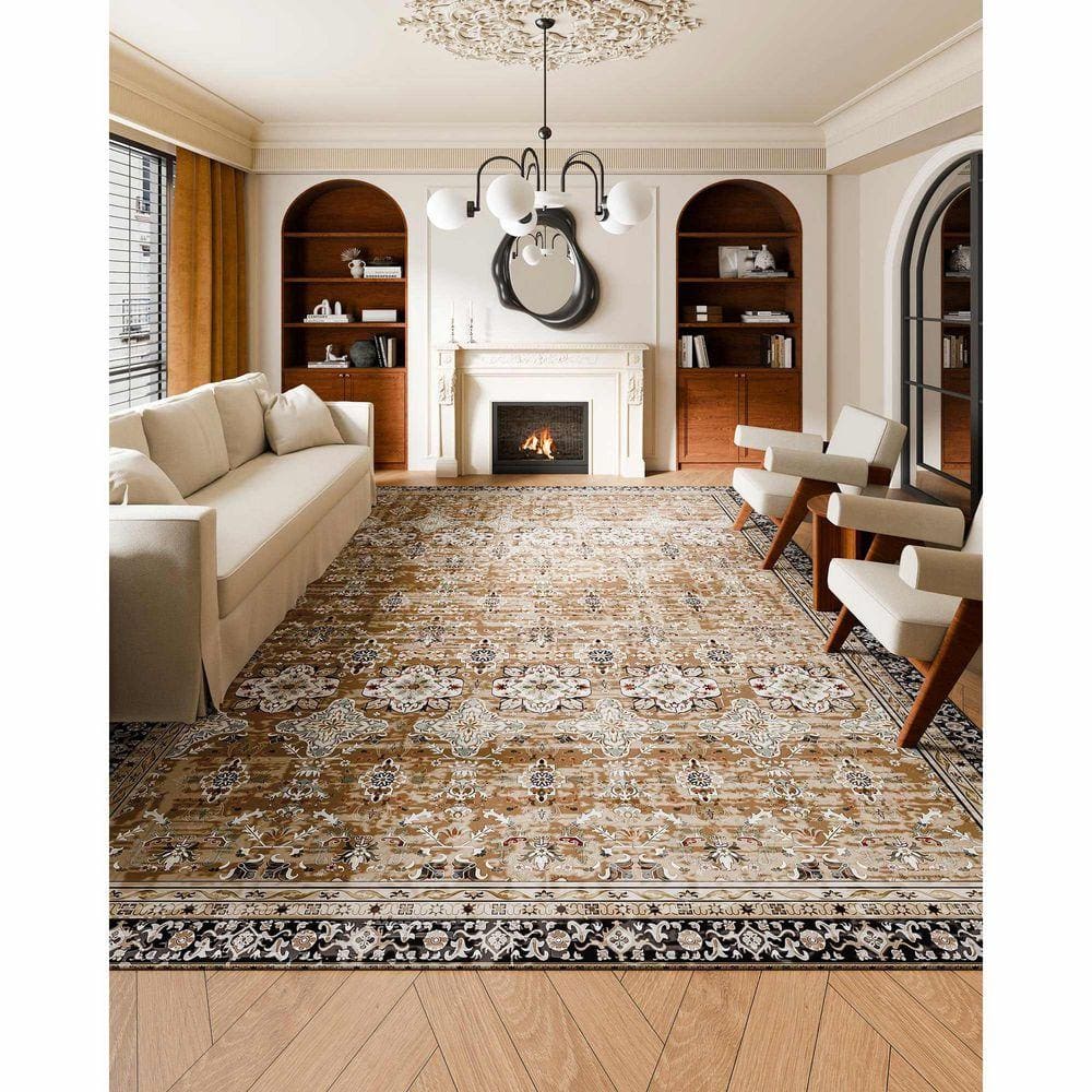 SKYSHALO Brown Green 9 ft. x 12 ft. Area Rug, Washable, Non-Slip