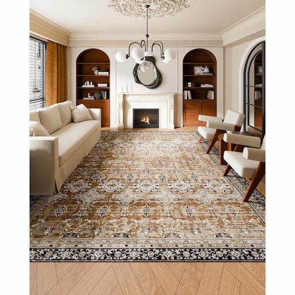 Brown Green 9 ft. x 12 ft. Area Rug, Washable, Non-Slip, Tear-Resistant, Soft Carpet, Pet and Child Friendly, Vintage