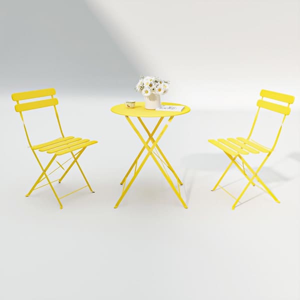 3-Piece Yellow Metal Outdoor Bistro Set with White Cushions, Include 1 Round Table & 2 Chairs for Garden, Backyard, Lawn