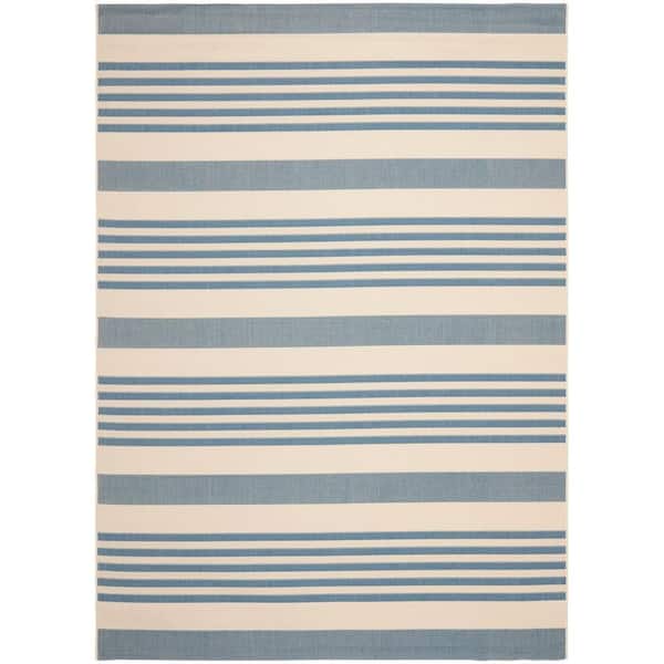 Courtyard Beige/Blue 8 ft. x 11 ft. Striped Indoor/Outdoor Patio Area Rug