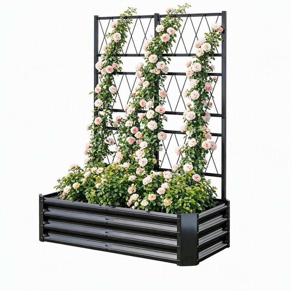 Galvanized Steel Raised Garden Bed with Arch Trellis, 4x2x1 ft Outdoor Planter Box for Climbing Vegetables, Black