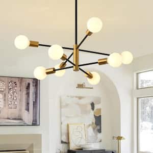 8-Light Modern Height Adjustable Sputnik Chandelier Black and Gold for Bedroom Living Room Dining Room Kitchen Foyer