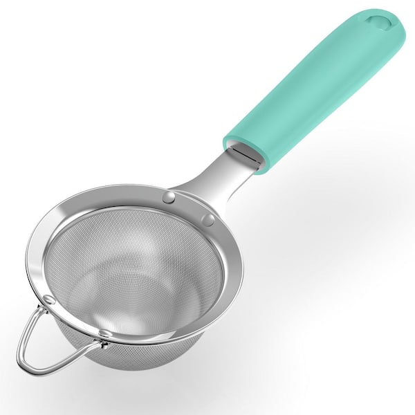 18/8 Stainless Steel Mesh Strainer with Riveted Silicone Handle, Blue Rice Sieve for Kitchen Sifting, Colander for Tea