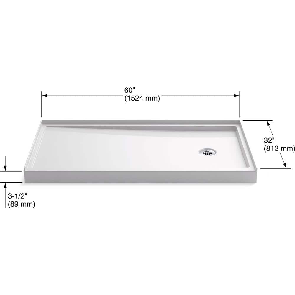 White Acrylic 60" x 32" Low-Threshold Shower Base with Right Drain