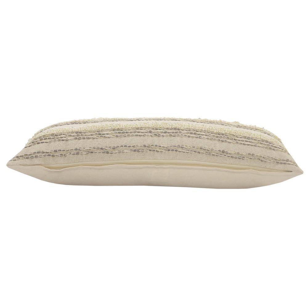 Cream and Gray Rectangular Luxury Throw Pillow with Gold Thread, 14 x 36 inches